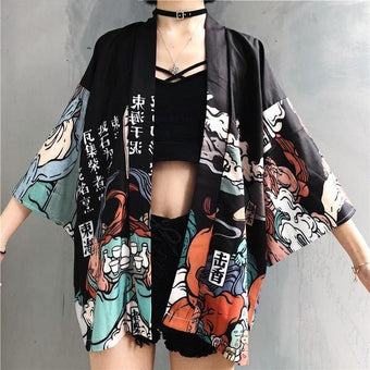 Kimono Japonais Imprimé Minute Mode Noir Unique 