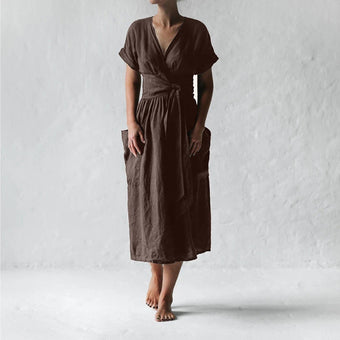 Robe Mi-Longue Elégante Nouée Site Vêtements Marron M 